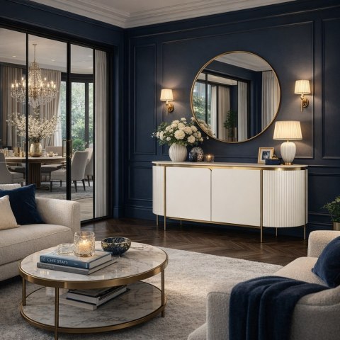 Komoda glamour Stilig - biały marmur, ecru/ złoty