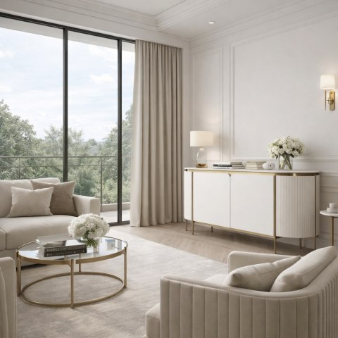 Komoda glamour Stilig - biały marmur, ecru/ złoty