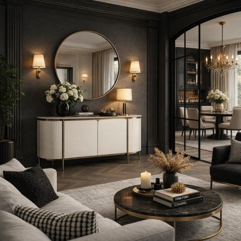 Komoda glamour Stilig - biały marmur, ecru/ złoty
