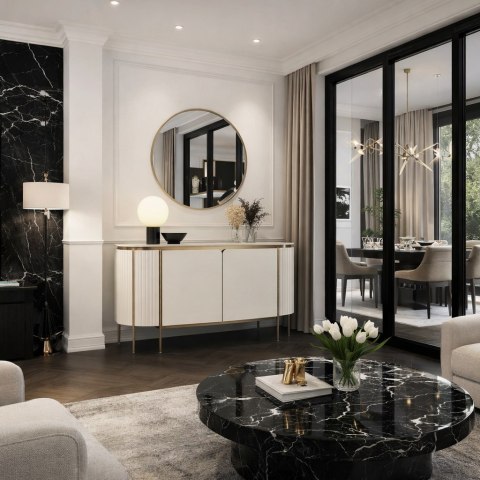 Komoda glamour Stilig - biały marmur, ecru/ złoty