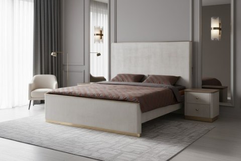 Stilig Bedroom Łóżko tapicerowane 180cm + 2 szafki nocne ST891 - Beżowo-szary/Złoty