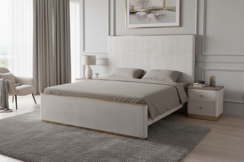 Stilig Bedroom Łóżko tapicerowane 180cm + 2 szafki nocne ST891 - Beżowo-szary/Złoty