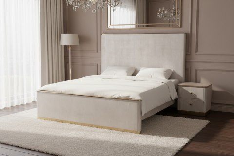 Stilig Bedroom Łóżko tapicerowane 180cm + 2 szafki nocne ST891 - Beżowo-szary/Złoty