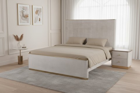 Stilig Bedroom Łóżko tapicerowane 180cm + 2 szafki nocne ST891 - Beżowo-szary/Złoty