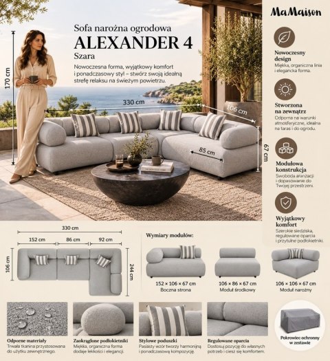 MaMaison sofa narożna ogrodowa ALEXANDER 4 szara (poduszki i pokrowiec w zestawie)