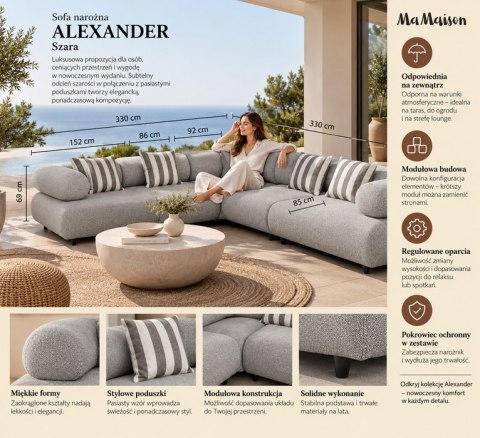 MaMaison sofa narożna ogrodowa ALEXANDER szara (poduszki i pokrowiec w zestawie)