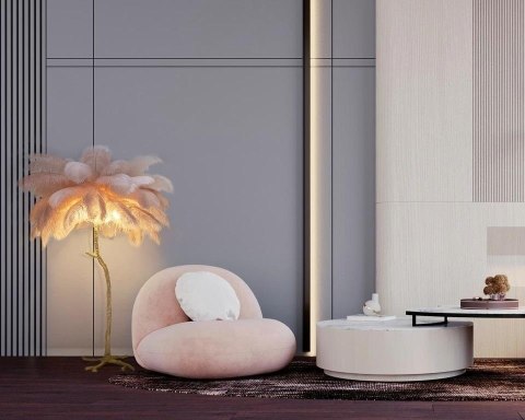 Lampa podłogowa TIFFANY 175 różowa mosiądz / naturalne pióra Lampa podłogowa TIFFANY 175 różowa mosiądz / naturalne pióra
