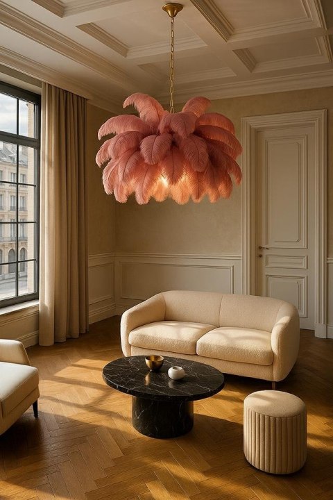 Lampa wisząca TIFFANY 135 różowa mosiądz / naturalne pióra